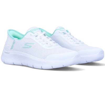 Sapatilhas brancas Skechers com detalhes em verde e sola acolchoada.