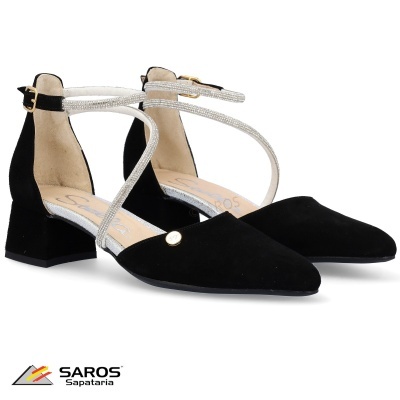 Sapatos de salto médio preto com alças prateadas