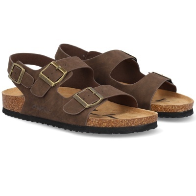 Sandálias castanhas com tiras e fivelas douradas