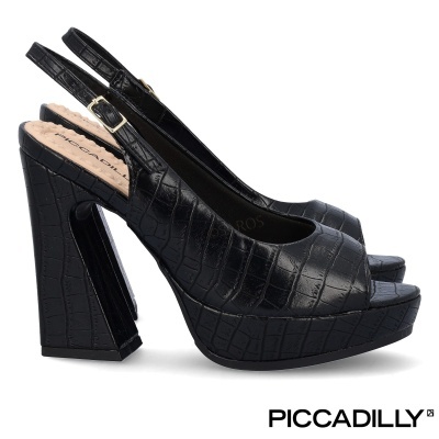 Sapatos de salto alto plataforma preto com padrão pele de crocodilo e tira atrás ajustável