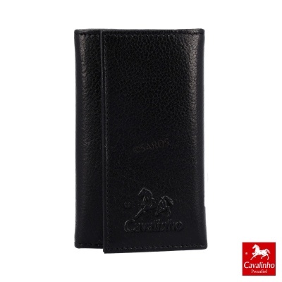 Carteira preta de pele com gravação em relevo da marca Cavalinho