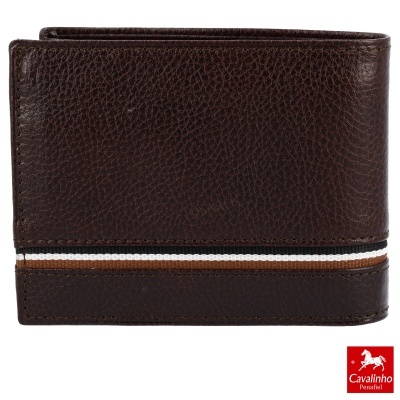 Carteira de pele castanha com faixas bege e branca e logótipo Cavalinho Penafiel.