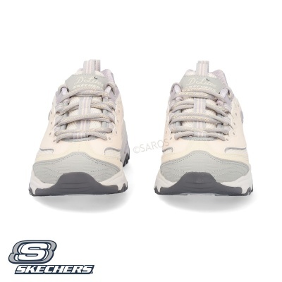 ténis Skechers cinza claro creme com atacadores sobre fundo branco