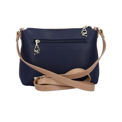 Mala de ombro azul escuro com alça bege e fechos metálicos