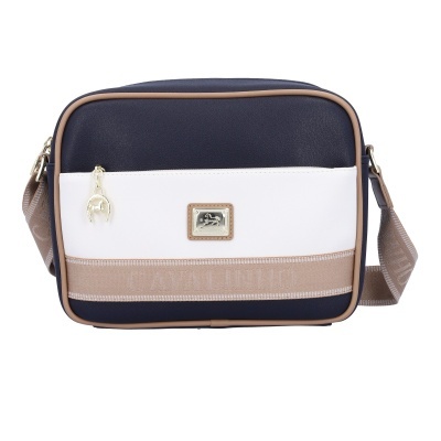 Mala de tiracolo azul escuro, branco e bege com fecho metálico.