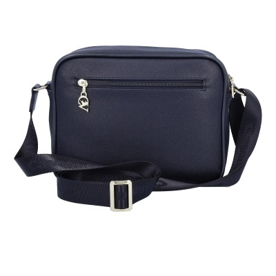 Mala de ombro azul escura com fecho prateado e alça ajustável