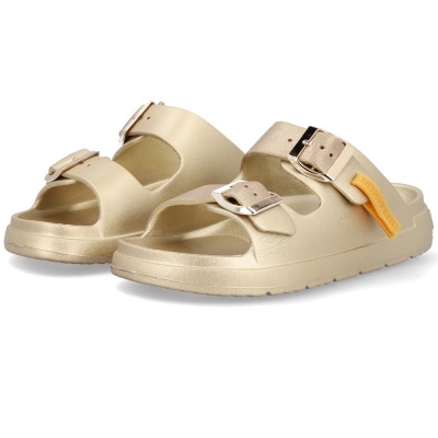 Sandálias douradas com fivelas metálicas e etiqueta amarela DR.FRANKLIN