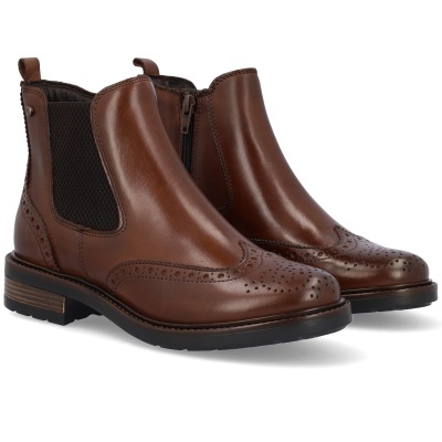 Botas masculinas castanhas em couro com padrão brogue e elástico preto nas laterais
