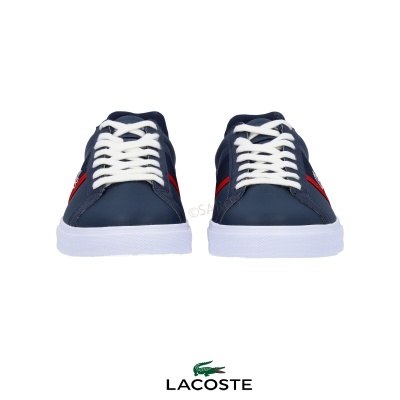 Ténis Lacoste masculinos azuis com atacadores brancos e detalhes vermelhos