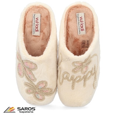 Par de chinelos de quarto creme com bordados florais e palavra 'happy'