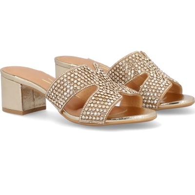 Sandálias de salto médio douradas com strass