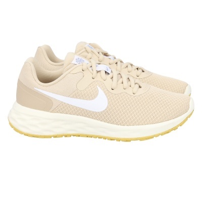 Ténis desportivos bege com detalhe branco e sola amarela