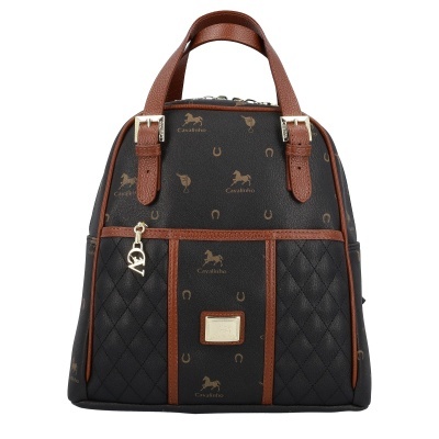 Mochila preta e castanha com padrão e logótipo Cavalinho