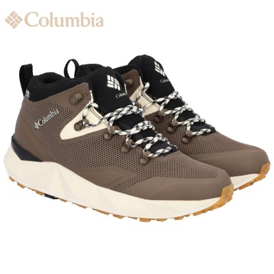 Sapatilhas de caminhada Columbia castanhas e bege com sola branca e atacadores pretos e brancos