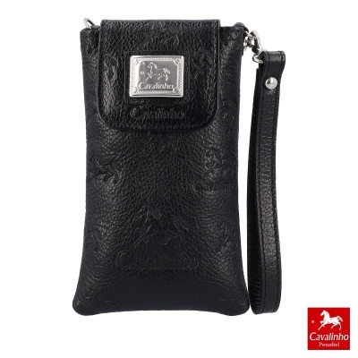 bolsa pequena preta de pele com placa metálica Cavalinho e alça de pulso