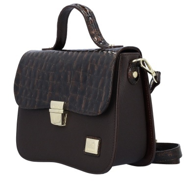 Mala castanha de senhora com textura tipo couro croco e fecho metálico dourado