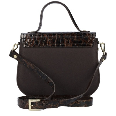 Mala de mão castanha com padrão de croco no fecho e alças