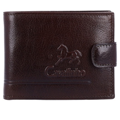 Carteira masculina em pele castanha escura com fecho e gravação 'Cavalinho'