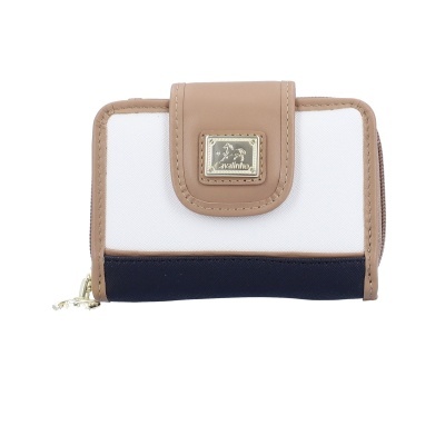 Carteira feminina branca, azul e castanha com fecho e placa dourada