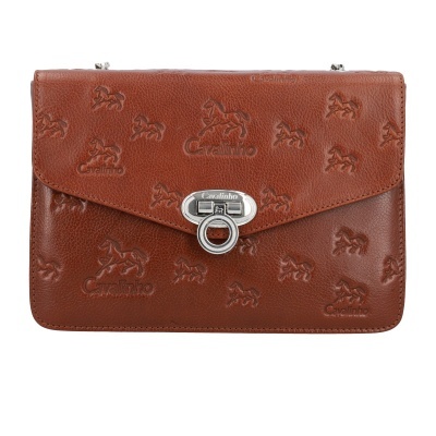 Mala de senhora castanha em couro com padrão gravado e fecho metálico prateado