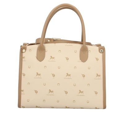 Mala de senhora bege com padrão Cavalinho e alças castanhas