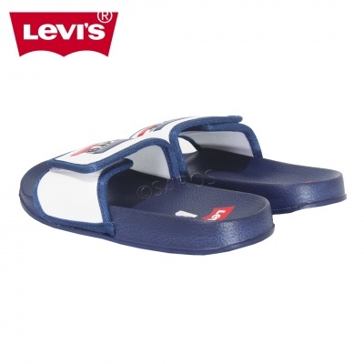 Chinelos Levi's azul escuro e branco com logótipo vermelho
