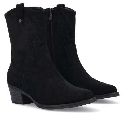 Botas pretas estilo cowboy com salto médio e fecho lateral