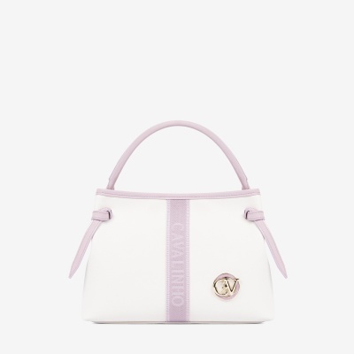 Mala de mão branca com detalhes lilás e emblema dourado