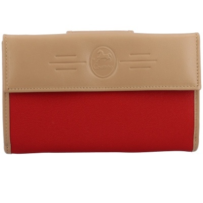 Carteira vermelha com aba em couro beige e relevo Cavallinho