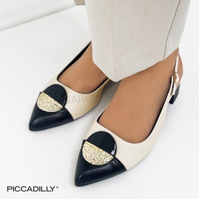 Sapatilhas bicolores bege e preto com detalhe dourado