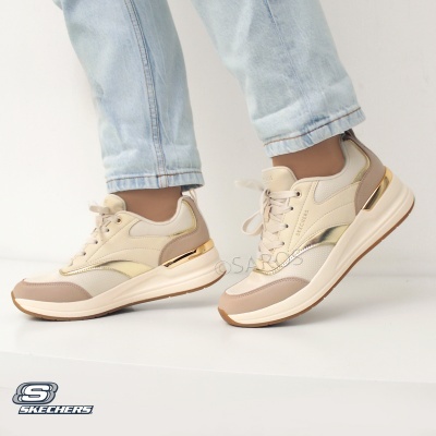 Ténis SKECHERS bege com detalhes dourados e sola branca
