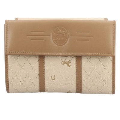 Carteira bege com detalhes em pele castanha e logótipo Cavalinho em relevo