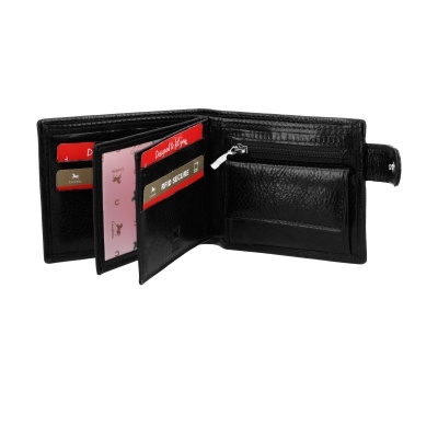 Carteira preta em pele com bancos e moedas