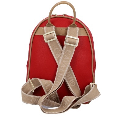 Mochila pequena vermelha com alças castanho claro e texto CAZALINI