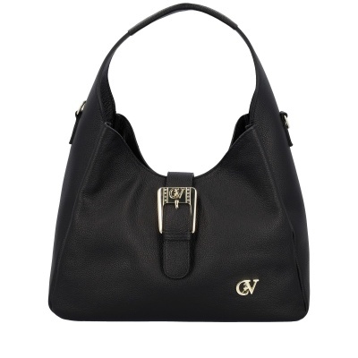 Mala de mão preta com fivela dourada e logo CV