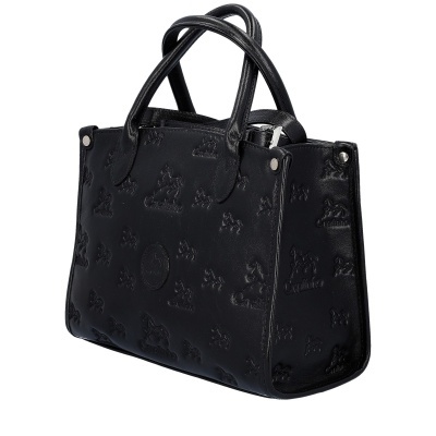 Mala preta feminina com padrão em relevo de cavalos e asas