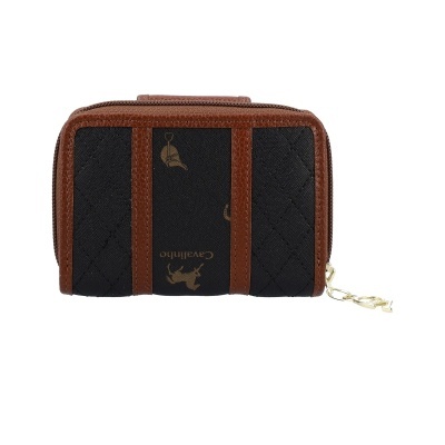 Carteira ou porta-moedas tecido preto e marrão com fecho dourado e logótipo