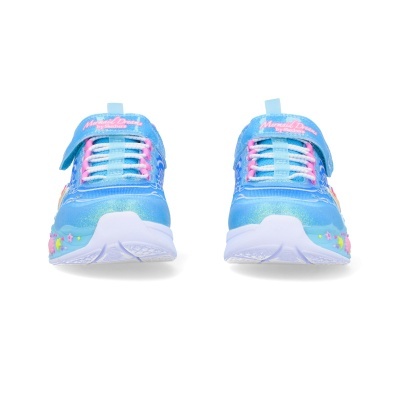 Sapatos azuis infantis com detalhes coloridos e inscrição Mermaid Dreams by Skechers.