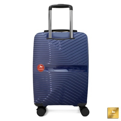 Mala de viagem rígida azul escuro com padrão geométrico em relevo e rodas