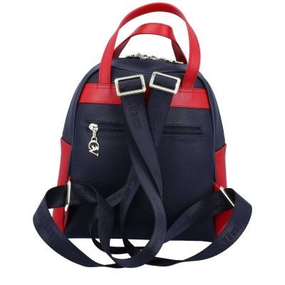 Mochila azul escuro com detalhes vermelhos e alças azuis