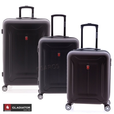 Três malas rígidas pretas com rodas e puxadores extensíveis