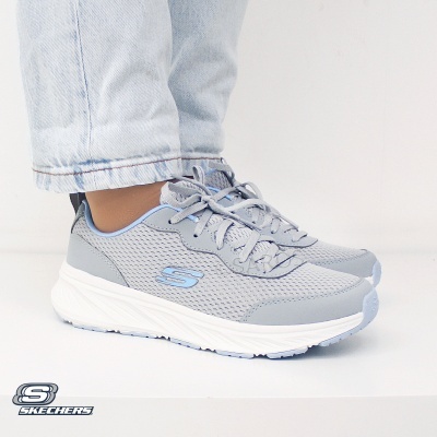 Ténis Skechers cinzentos com detalhes azuis e sola branca