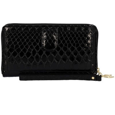 Carteira preta com textura de couro de cobra e fecho