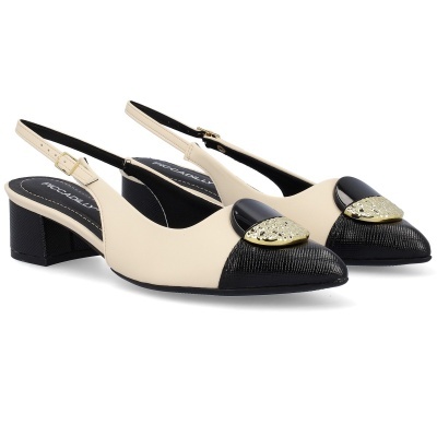 Sapatos de senhora Piccadilly bege e preto com salto baixo e detalhe dourado