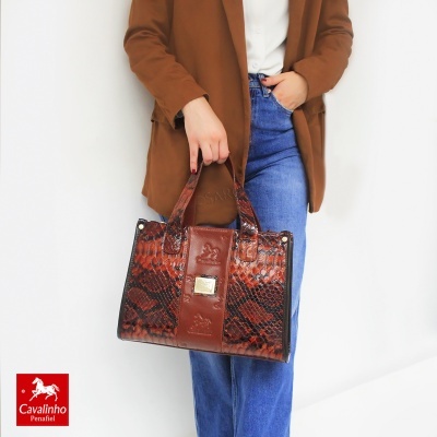 Mala de mão feminina Cavalinho castanha padrão pele de serpente