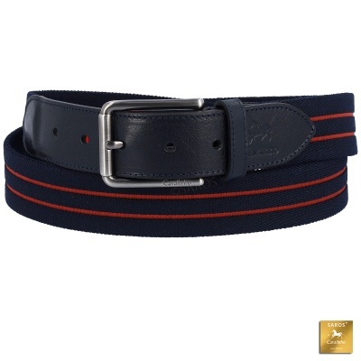 Cinto masculino couro preto e tecido azul com riscas vermelhas