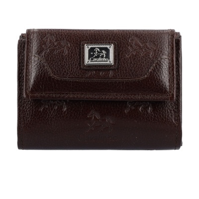 Carteira de pele castanha com relevo de cavalos e placa metálica Cavallinho