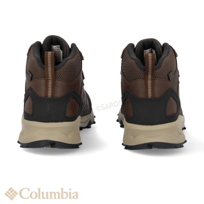 Botas Columbia castanhas e pretas vistas de trás com sola bege