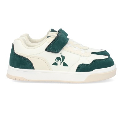 Ténis desportivo branco e verde com fecho de velcro e logótipo de galo