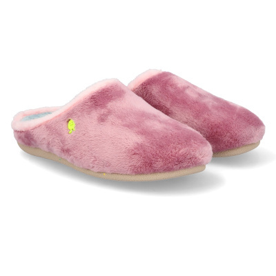 Chinelos rosa de pelúcia com solas bege e logótipo amarelo